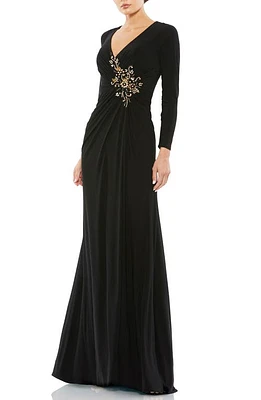 Mac Duggal Embellished Long Sleeve Jersey Gown Black at Nordstrom,