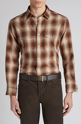 TOM FORD Grand Check Western Shirt Brown Combo Brown/White at Nordstrom,