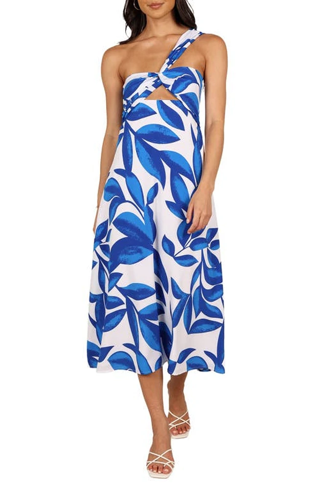 Petal & Pup Freddie Cutout One-Shoulder Midi Dress White/Blue at Nordstrom,