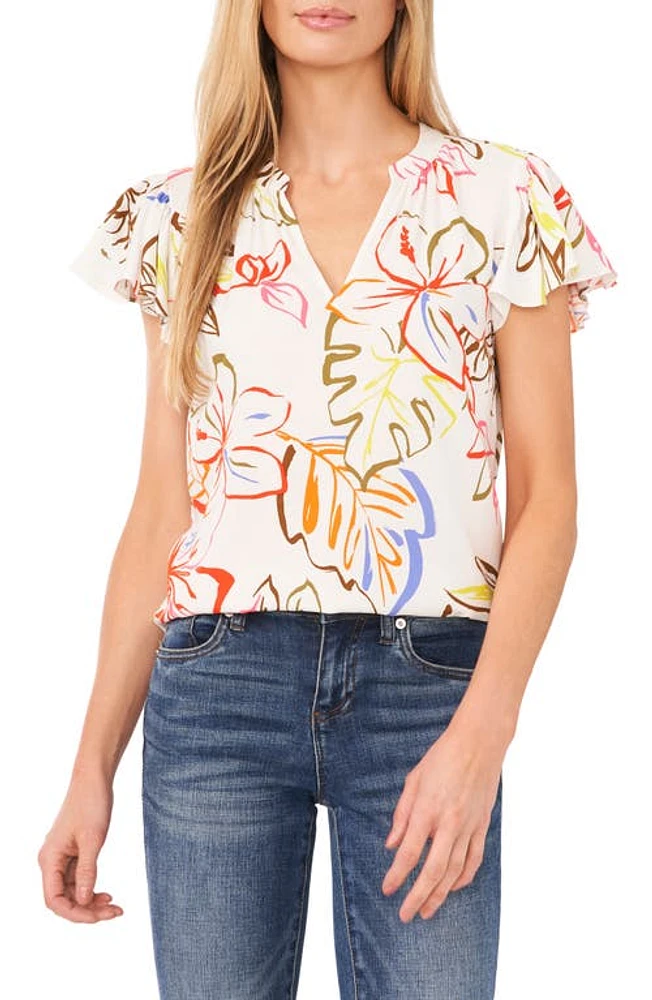 CeCe Floral Print Flutter Sleeve Top New Ivory at Nordstrom,