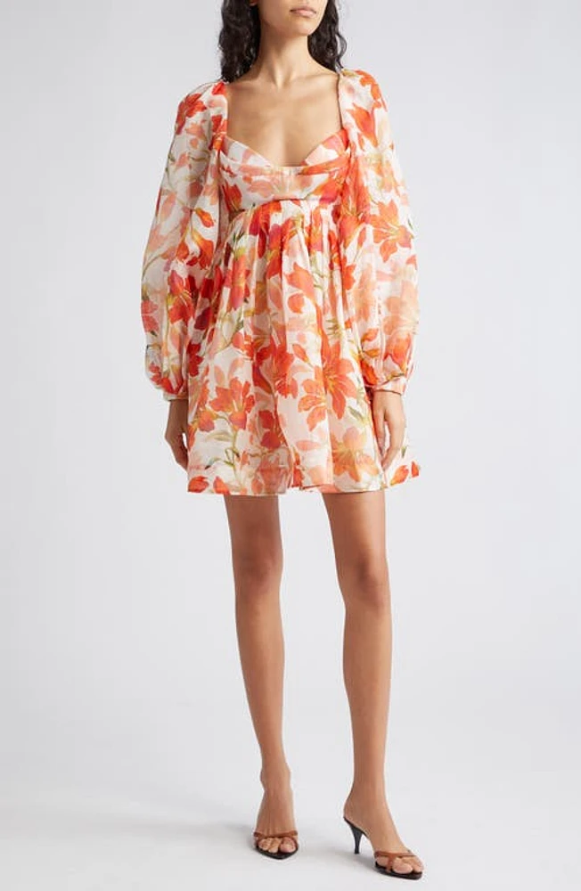 Zimmermann Tranquility Floral Long Sleeve Bralette Bodice Minidress Red Lily at Nordstrom,