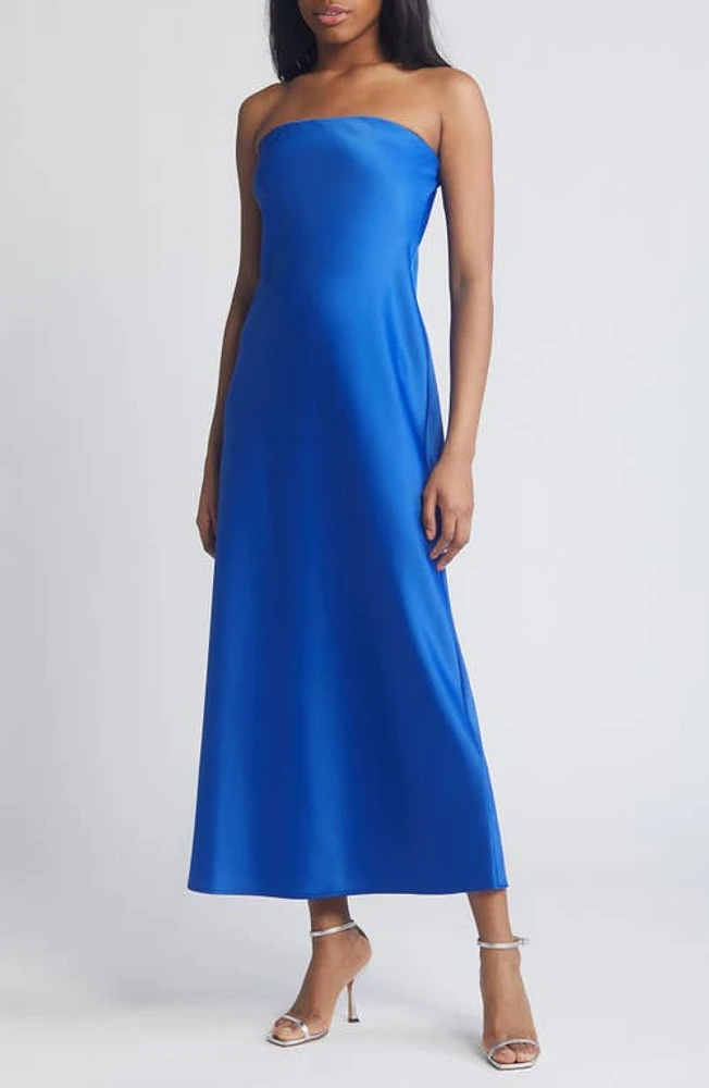 WAYF Strapless Matte Satin Bias Cut Gown Blue at Nordstrom,