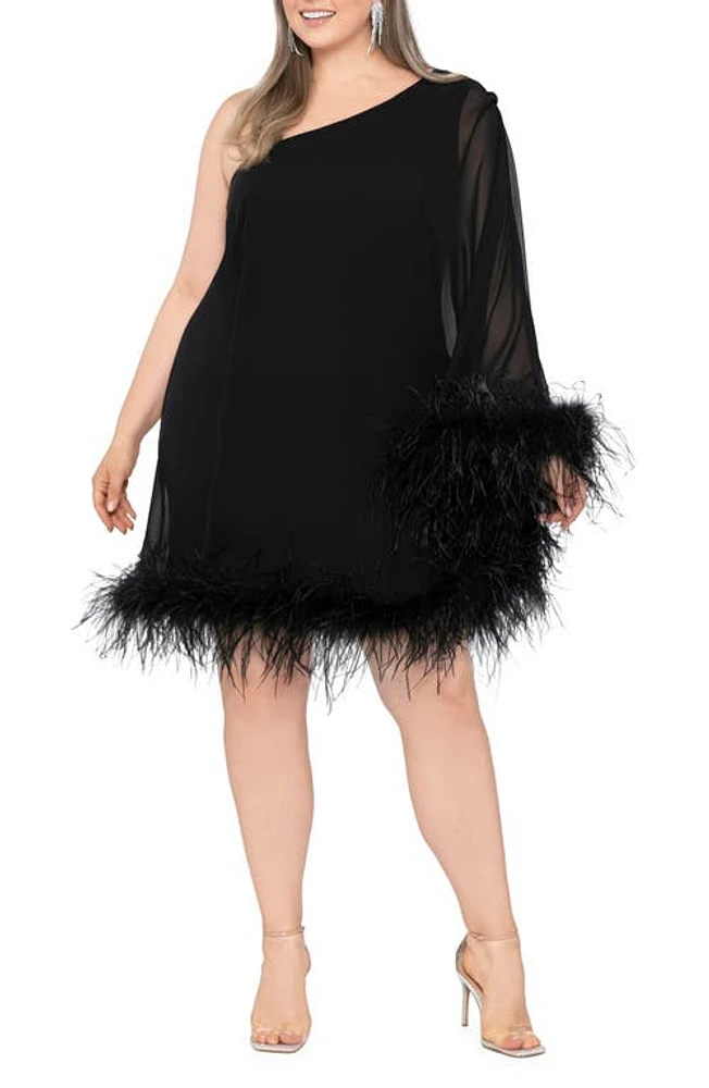 Betsy & Adam Feather Trim Single Long Sleeve Cocktail Dress Black at Nordstrom,