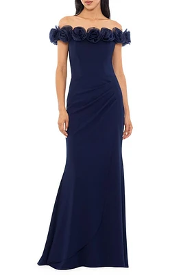 Xscape Evenings Floral Appliqué Off the Shoulder Gown Navy at Nordstrom,