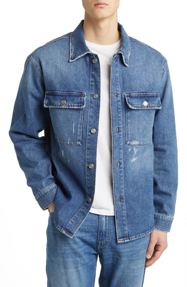 NN07 Roger 1871 Distressed Stretch Denim Overshirt Mid Blue at Nordstrom,