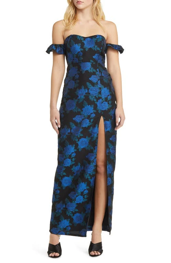 Lulus Exceptional Occasion Floral Jacquard Off the Shoulder Gown Black/Blue at Nordstrom,