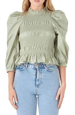 English Factory Smocked Puff Shoulder Poplin Top at Nordstrom,