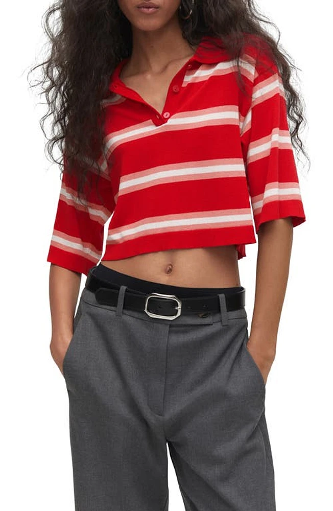 MANGO Stripe Crop Polo Sweater Red at Nordstrom,