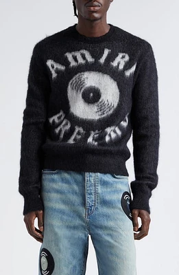 AMIRI x Premier Records Kid Mohair & Baby Alpaca Blend Crewneck Sweater Black at Nordstrom,