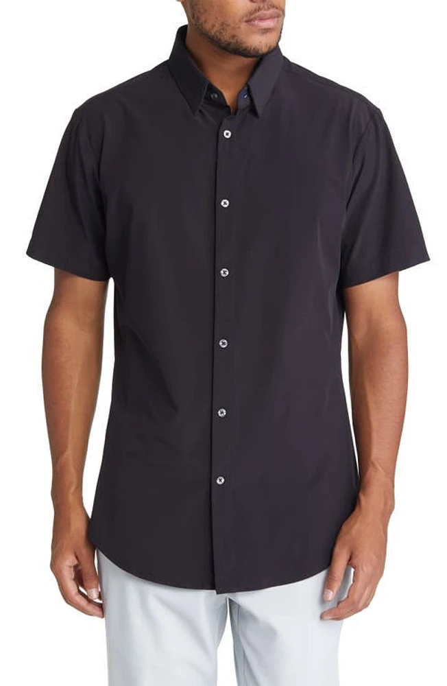 Mizzen+Main Leeward Trim Fit Short Sleeve Button-Up Shirt Black Solid at Nordstrom,