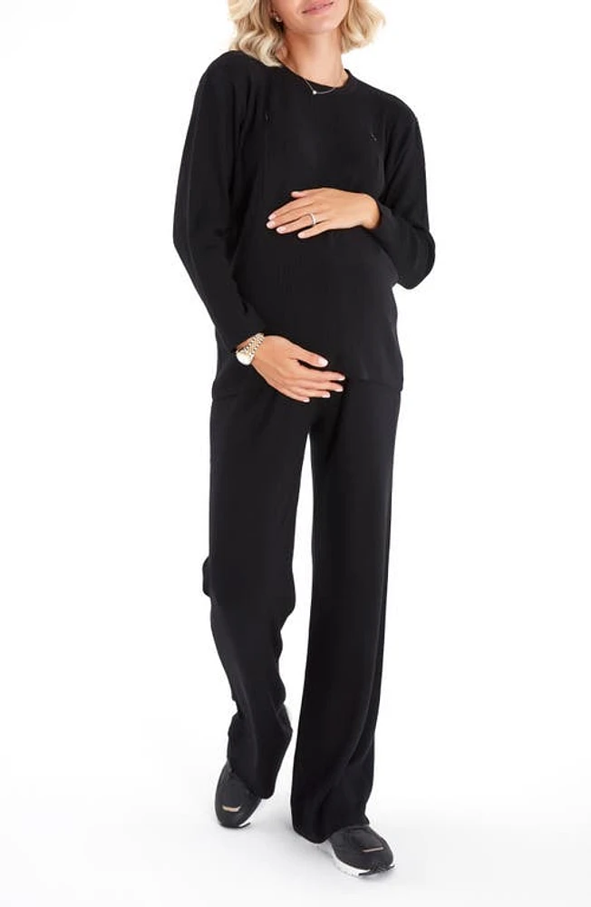 Accouchée Rib Side Zip Long Sleeve Materity/Nursing Top & Lounge Pants in Black at Nordstrom