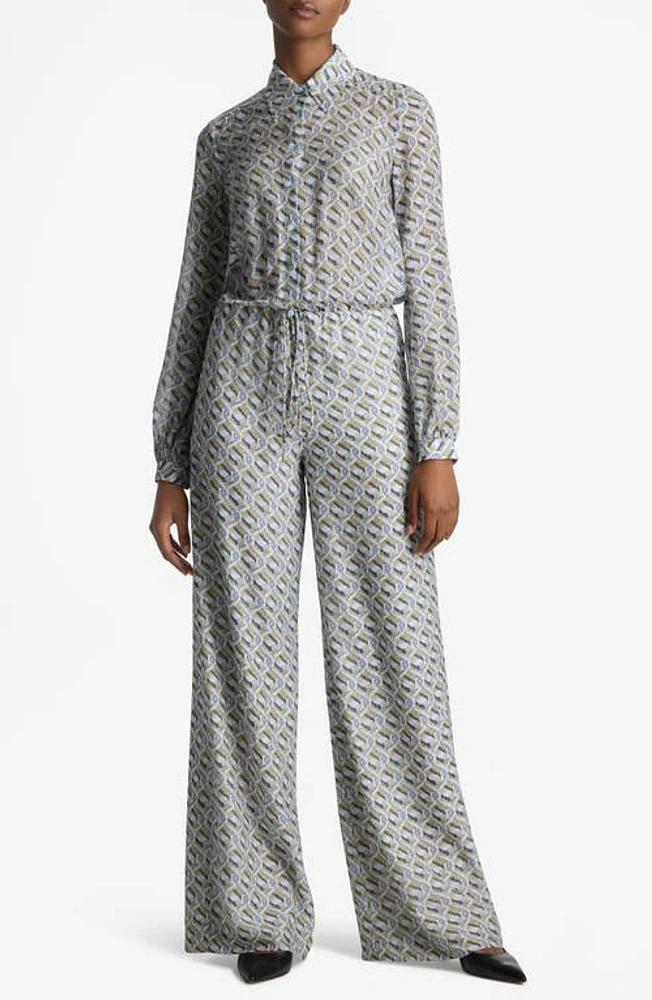 St. John Collection Diamond Twist Print Long Sleeve Silk Twill Jumpsuit Royal Blue Multi at Nordstrom,