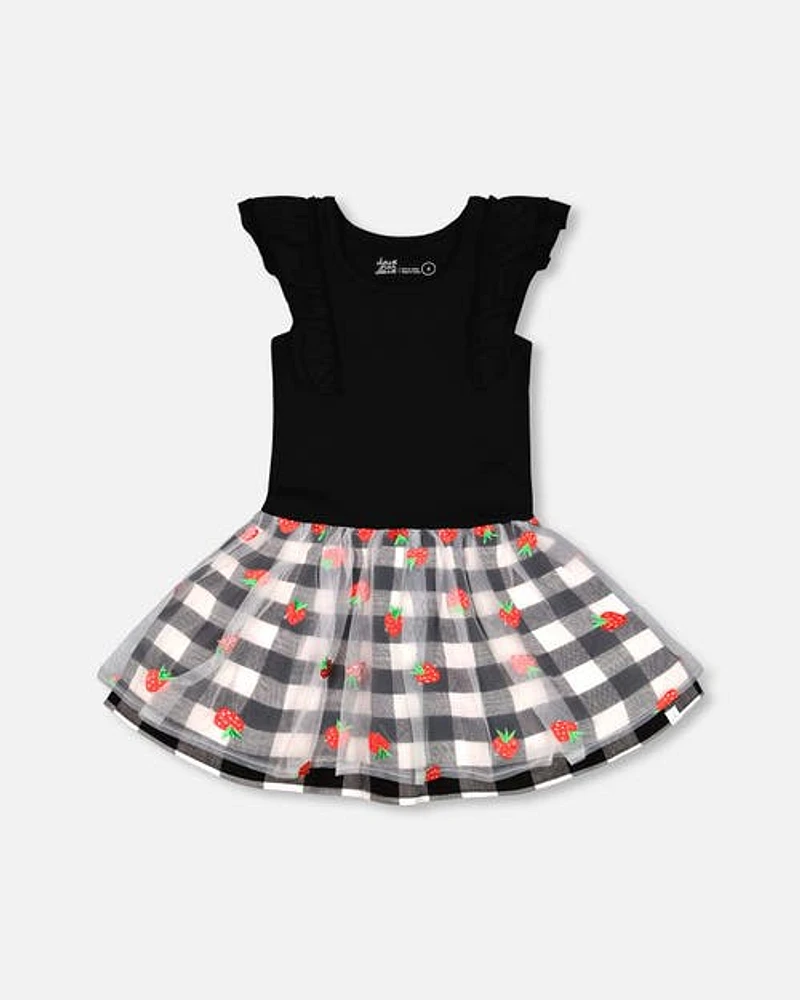 Deux Par Deux Girl's Bi-Material Dress With Mesh And Vichy Skirt in Black at Nordstrom