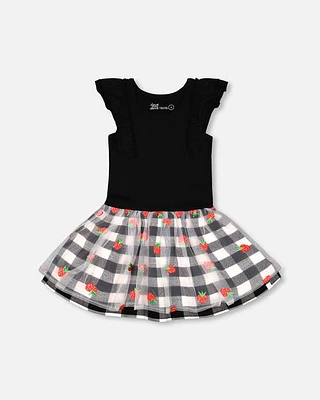 Deux Par Deux Girl's Bi-Material Dress With Mesh And Vichy Skirt in Black at Nordstrom