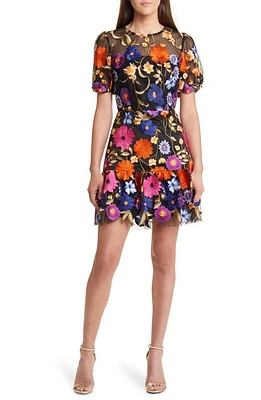 Milly Yasmin Floral Embroidered Puff Sleeve Mesh Fit & Flare Dress Black Multi at Nordstrom,