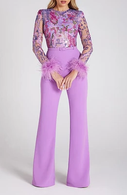 NADINE MERABI Michaela Ostrich & Turkey Feather Belted Long Sleeve Jumpsuit Medium Purple at Nordstrom,