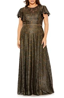 FABULOUSS BY MAC DUGGAL Flutter Sleeve Lace Overlay Gown Black Gold at Nordstrom,