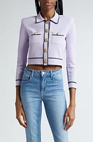 L'AGENCE Neo Contrast Trim Crop Sweater Jacket Pale Lilac/Midnight at Nordstrom,