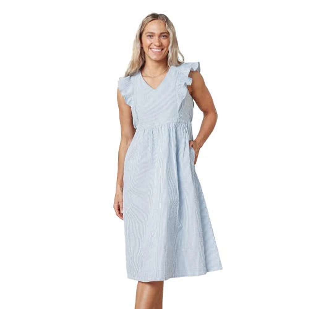 Hope & Henry Women's Flutter Sleeve Seersucker Dress in Blue Seersucker at Nordstrom, Size 10