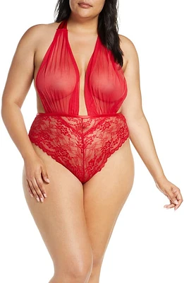 Oh La La Cheri Aria Mesh Plunge Halter Teddy in Red at Nordstrom, Size 1X