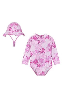 Andy & Evan One-Piece Rashguard Swimsuit Hat Set Pink Floral at Nordstrom,