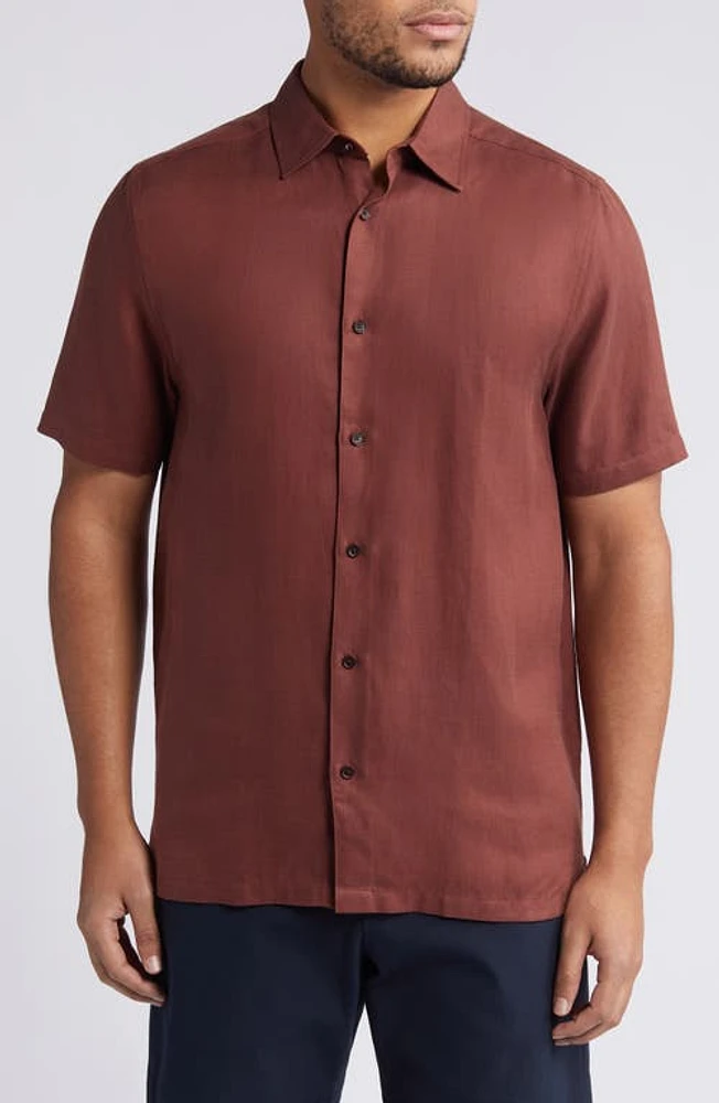 Ted Baker London Regular Fit Solid Short Sleeve Button-Up Shirt Dark Brown at Nordstrom,