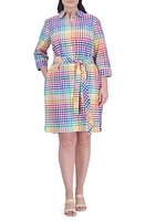 Foxcroft Rocca Rainbow Gingham Belted Three-Quarter Sleeve Cotton Shirtdress Multi Plaid at Nordstrom,