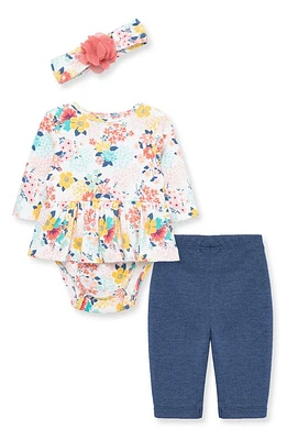 Little Me Floral Mix Bodysuit, Leggings & Headband Set in Blue at Nordstrom, Size 9M