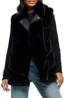 River Island Faux Fur & Faux Leather Moto Vest in Black at Nordstrom, Size X-Small