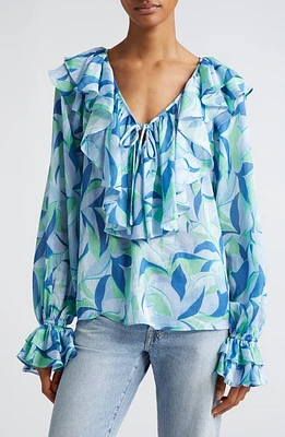 Ramy Brook Imani Print Ruffle Top Blue Quartz Combo Leaf at Nordstrom,