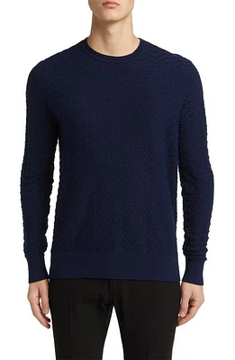 Emporio Armani Chevron Textured Wool Crewneck Sweater Solid Blue Navy at Nordstrom,