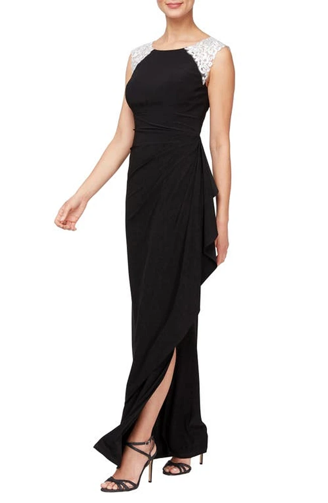 Alex Evenings Gathered Lace Gown Black White at Nordstrom,