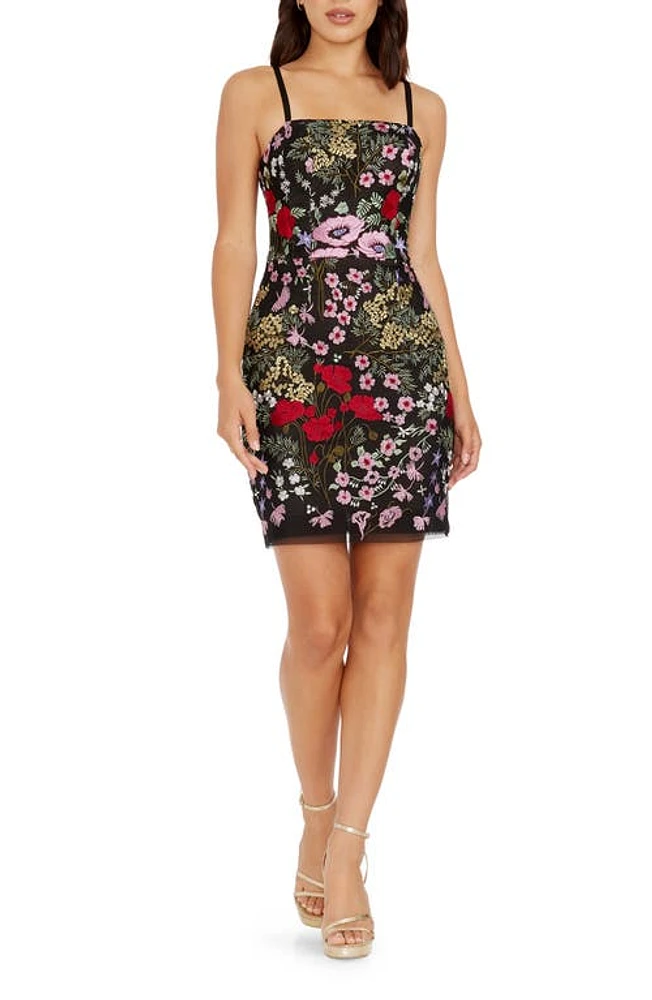 Dress the Population Kyla Floral Embroidered Cocktail Minidress Black/Rouge Multi at Nordstrom,