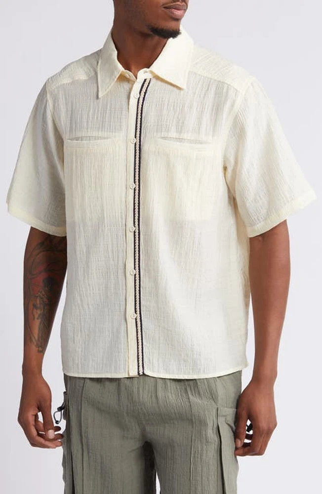 JUNGLES Woven Trim Short Sleeve Lyocell Blend Button-Up Shirt Cream at Nordstrom,