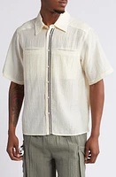 JUNGLES Woven Trim Short Sleeve Lyocell Blend Button-Up Shirt Cream at Nordstrom,