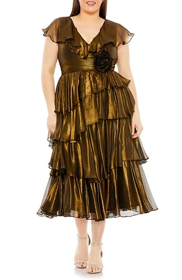 FABULOUSS BY MAC DUGGAL Metallic Ruffle Tiered Midi Cocktail Dress Black Gold at Nordstrom,