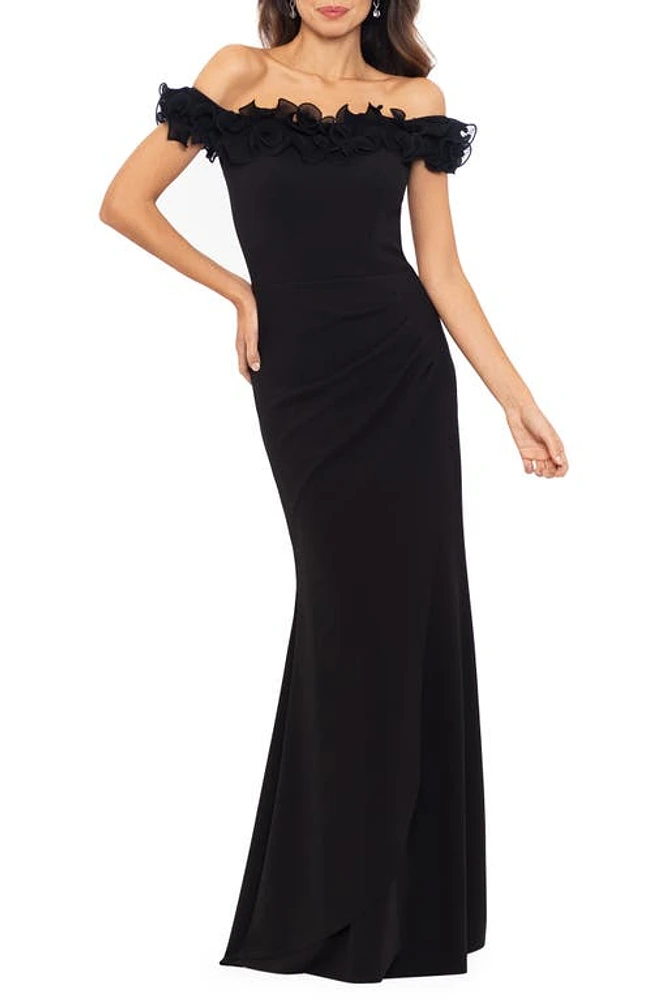 Xscape Evenings Ruffle Off the Shoulder Scuba Crepe Gown Black at Nordstrom,