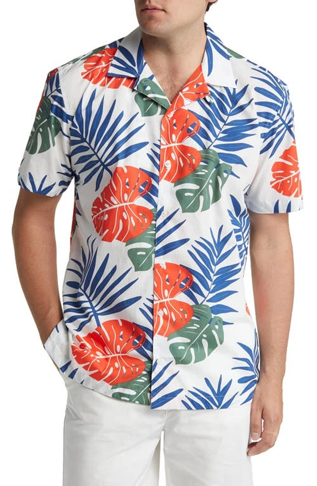 NORTH SAILS Leaf Print Short Sleeve Cotton Button-Up Shirt in White/Blue at Nordstrom, Size Large