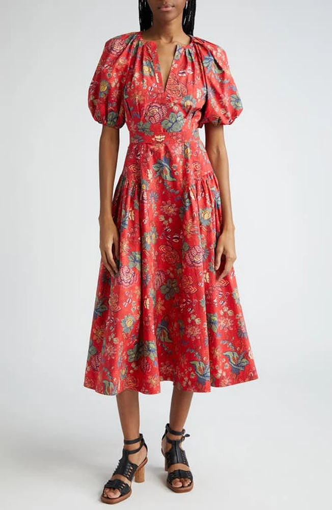 Ulla Johnson Carina Print Puff Sleeve Midi Dress Hibiscus at Nordstrom,