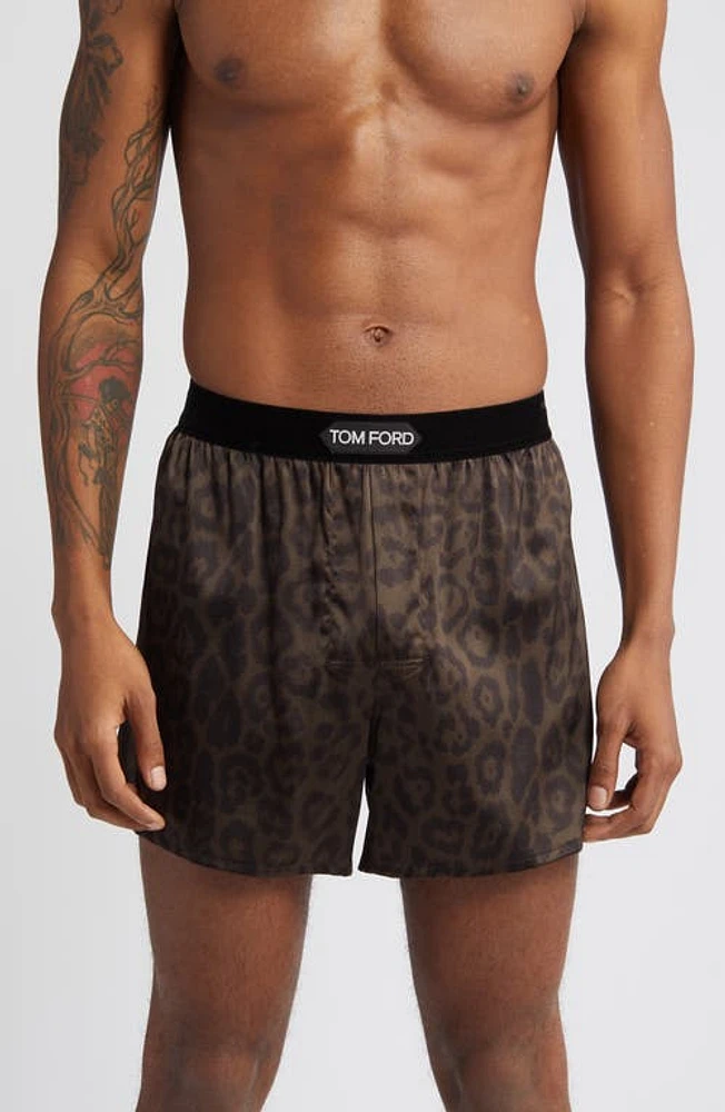 TOM FORD Cheetah Print Silk Boxers Chocolate at Nordstrom,