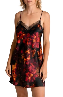 Midnight Bakery Dylan Floral Print Lace Trim Satin Chemise Black at Nordstrom,