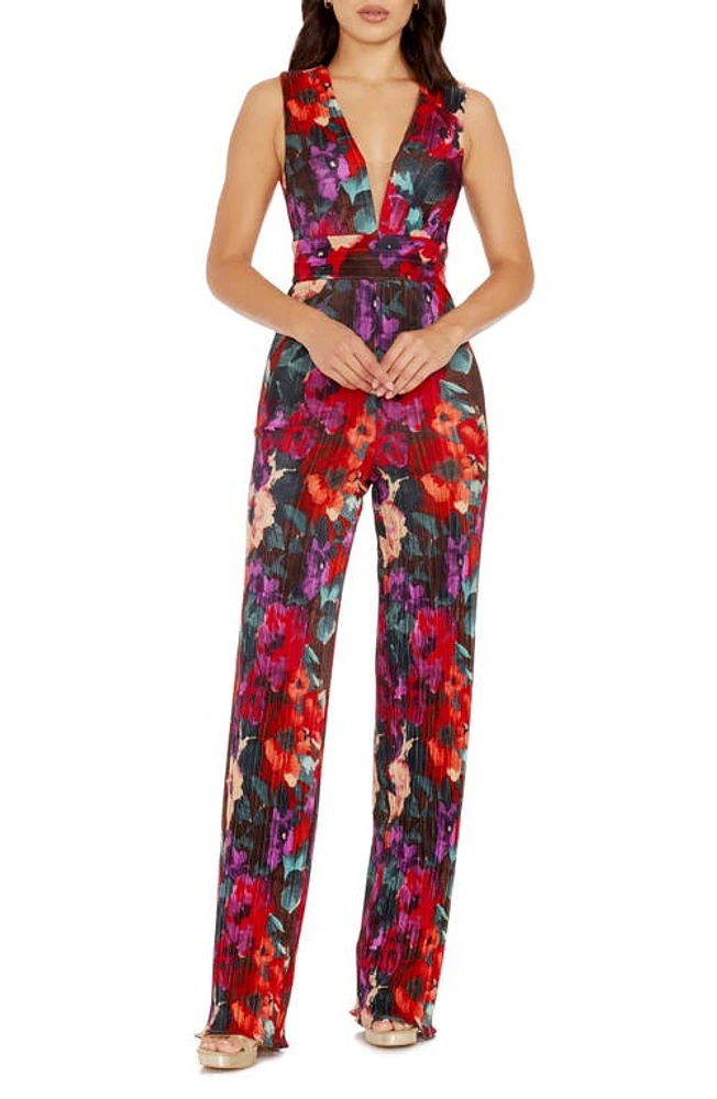 Dress the Population Hunter Floral Print Plissé Sleeveless Jumpsuit Rouge Multi at Nordstrom,