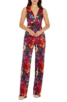 Dress the Population Hunter Floral Print Plissé Sleeveless Jumpsuit Rouge Multi at Nordstrom,