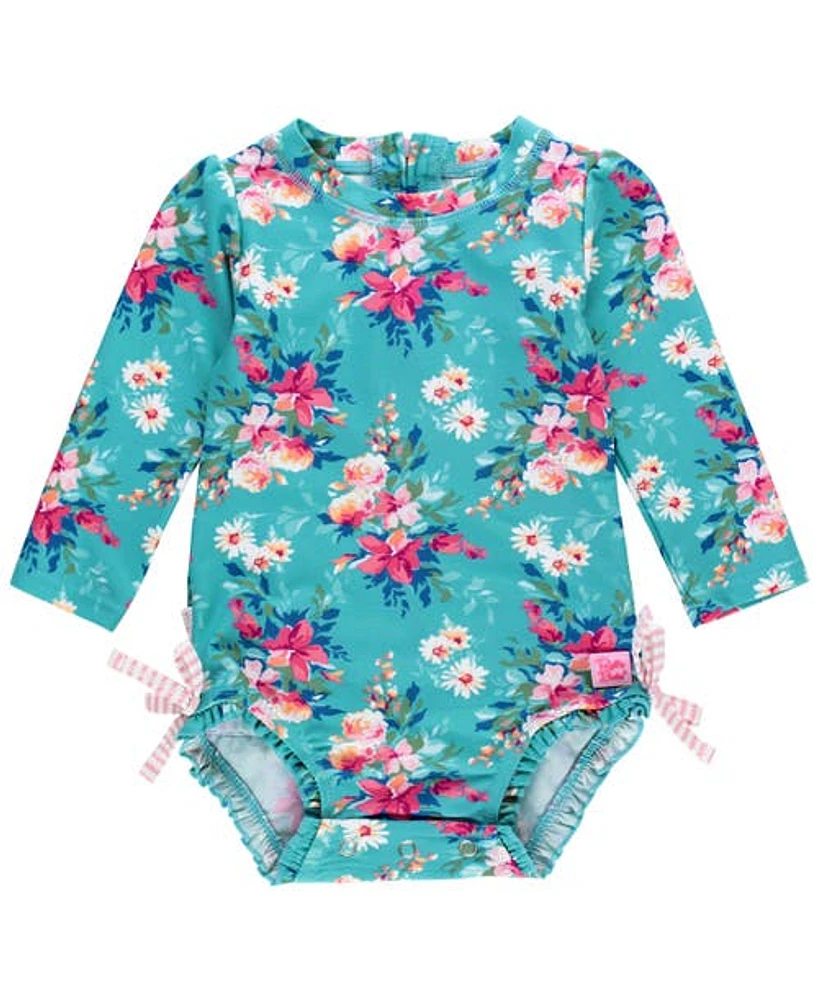 RuffleButts Girls Long Sleeve UPF50+ One Piece Rash Guard in Fancy Me Floral at Nordstrom