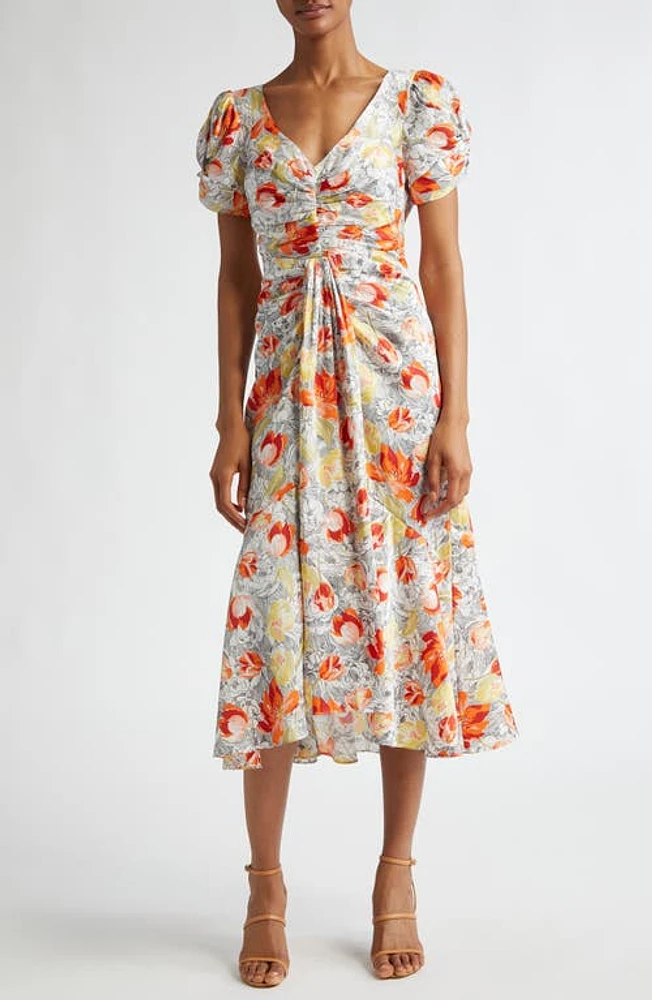 Cinq à Sept Floral Center Ruched Button Front Dress Ivory Multi at Nordstrom,