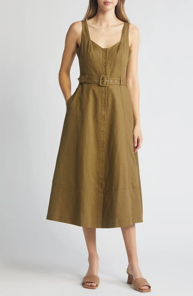 PAIGE Arienne Sleeveless Belted Linen & Cotton Midi Dress Military Green at Nordstrom,