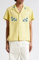 Bode Beaded Flower Short Sleeve Cotton Corduroy Button-Up Shirt Yellow at Nordstrom,