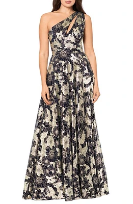 Betsy & Adam Metallic Floral One-Shoulder Sheath Gown Navy/Gold at Nordstrom,