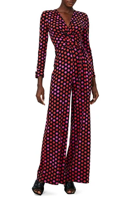 Diane von Furstenberg Rose Marie Print Tie Waist Long Sleeve Jumpsuit Magic Dot Berry Red at Nordstrom,