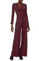 Diane von Furstenberg Rose Marie Print Tie Waist Long Sleeve Jumpsuit Magic Dot Berry Red at Nordstrom,